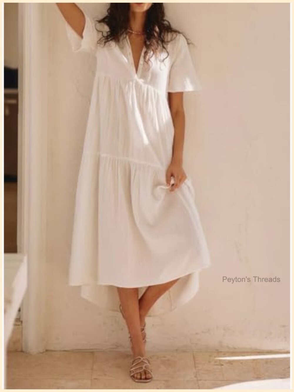 Cotton Flowy Maxi Dress Short Sleeve V Neck Empire Waist Boho Tiered Ruffle - Picture 2 of 7